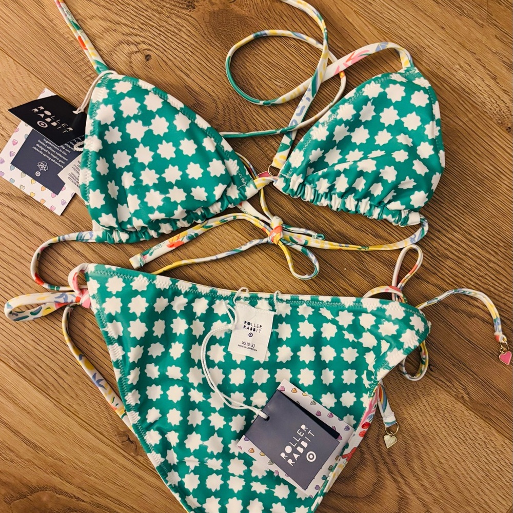 Roller Rabbit Teal and White Floral-Print Triangle Bikini